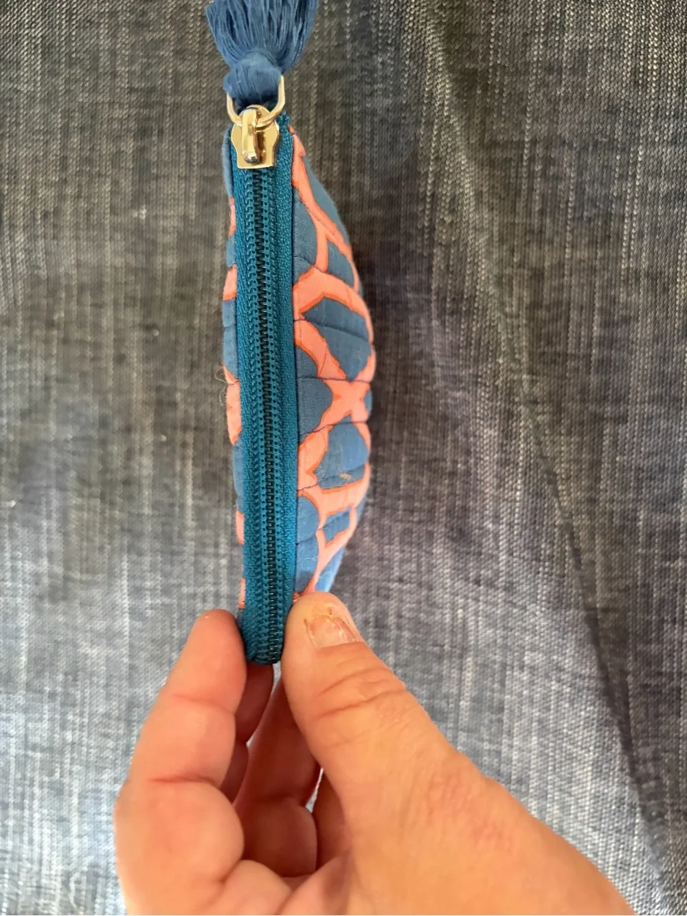 Quilted Blue and Coral Zip Card Holder with Tassel